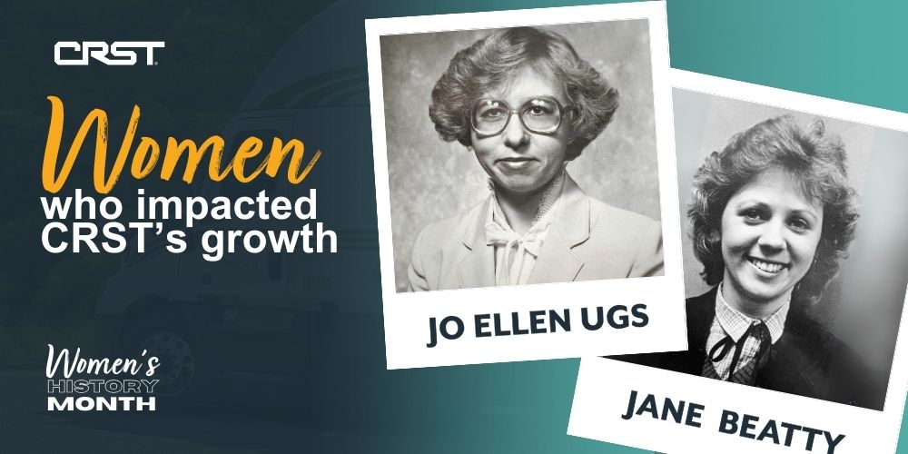 Black-and-white portraits of Jo Ellen Ugs and Jane Beatty, two influential women in CRST’s history. The image highlights their contributions to the company’s growth as part of a Women’s History Month celebration, with a CRST truck subtly in the background